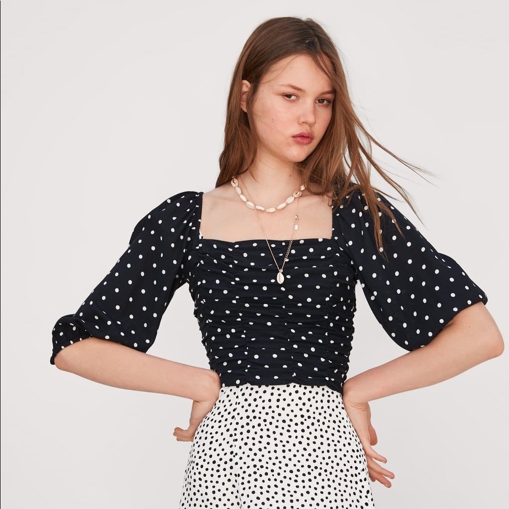 Zara Black Crop Top w/ White Polka Dots | SZ US S - Picture 8 of 9